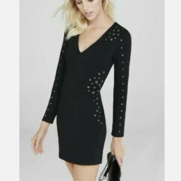 Express Black Bodycon Silver Grommet Deep V Neck Long Sleeve Mini Dress Size XS - Picture 2 of 8